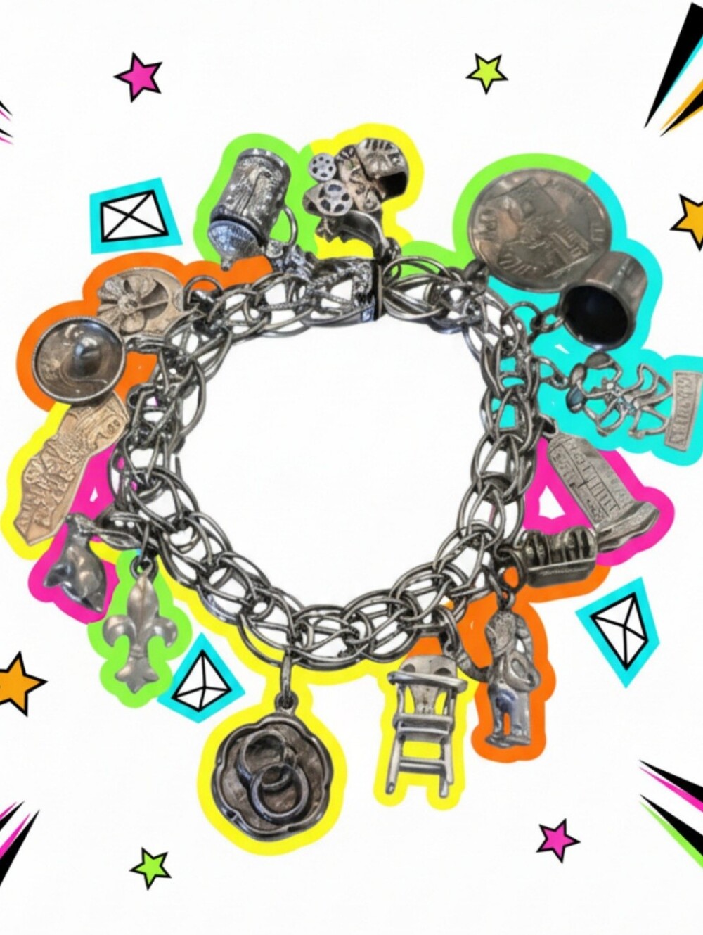 VTG 925 CA Sterling Silver Heavy Double Link Charm Bracelet 15 Charms 46G